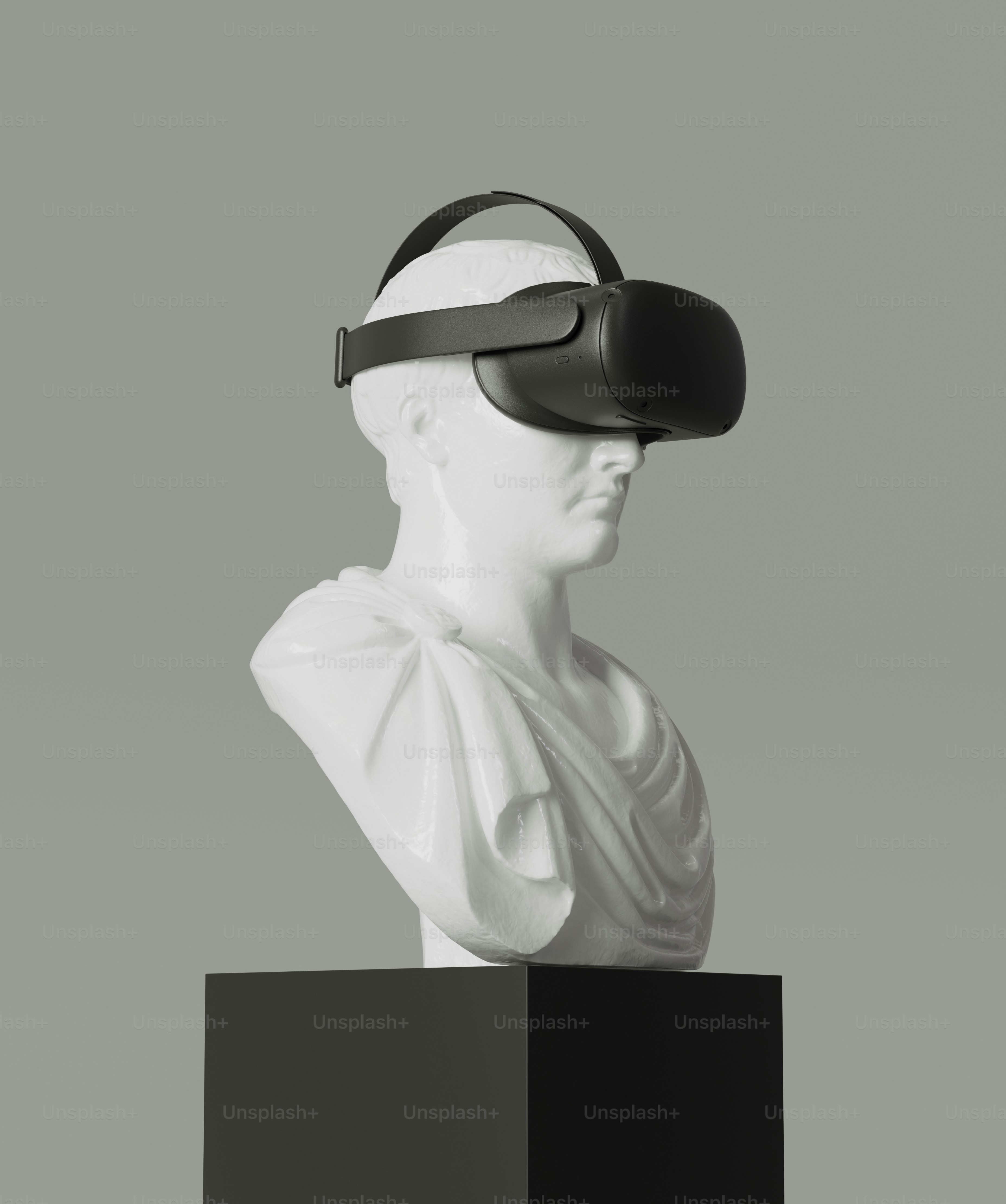 a bust of a man wearing a virtual headset